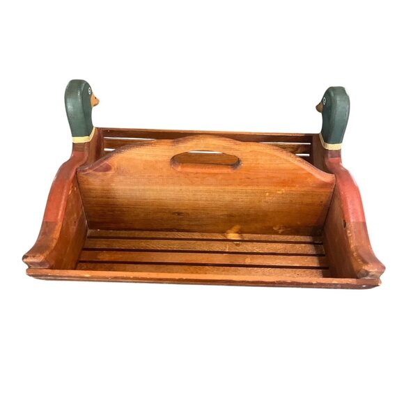 Vtg 18" Wooden Sawmill Critters Mallard Duck Slatted Wood Carry Basket Rustic Co - Picture 6 of 8
